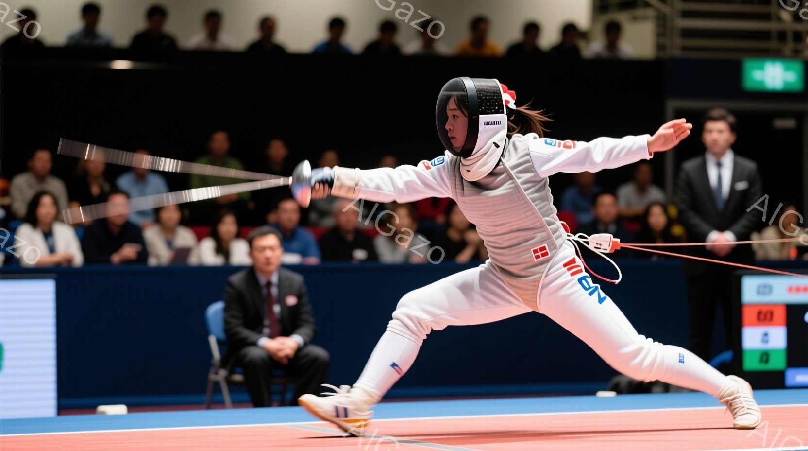 フェンシング競技中の女性アスリートが写っている。彼女は白いフェンシングスーツとマスクを着用し、右手を前に伸ばした構えで、左足で大きく踏み出している。背景には観客席と、スコアボードが見え、競技場の活気あ - AI生成フリー素材