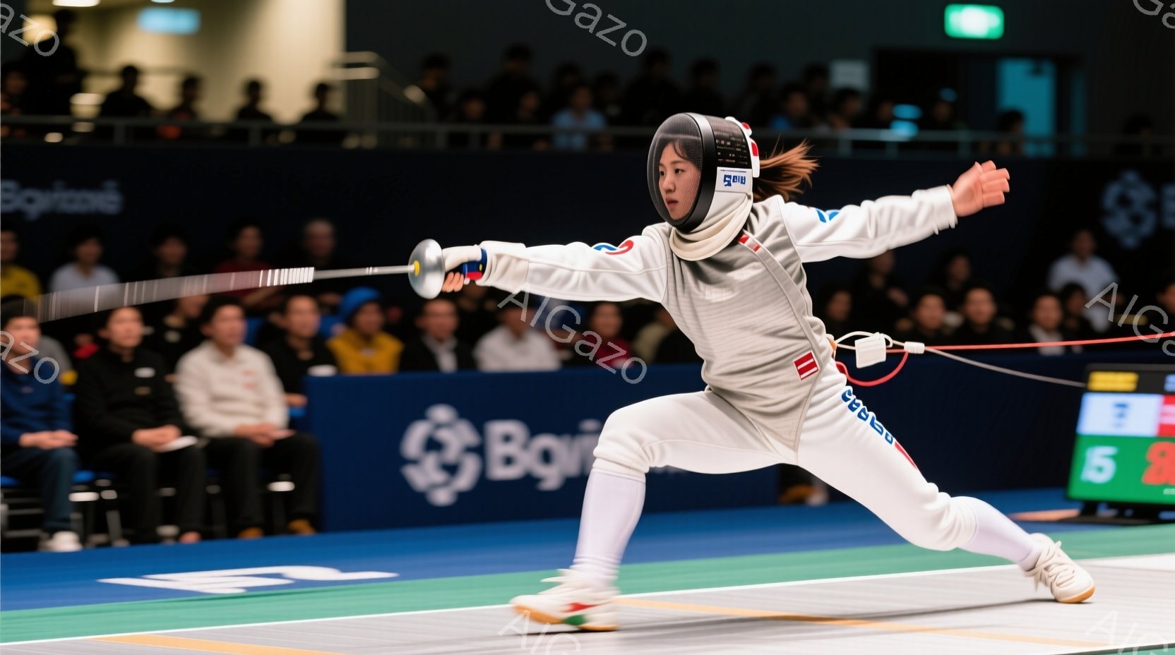 フェンシングの競技者である女性が、白いフェンシングスーツと防具を身に着け、競技に集中して剣を構えています。彼女は右足を軸にして、左足を前に出した構えで、鋭い眼差しで相手を見据えています。背景には観客席が見え、競技場の床は青色で、スコアボードには数字が表示されています。