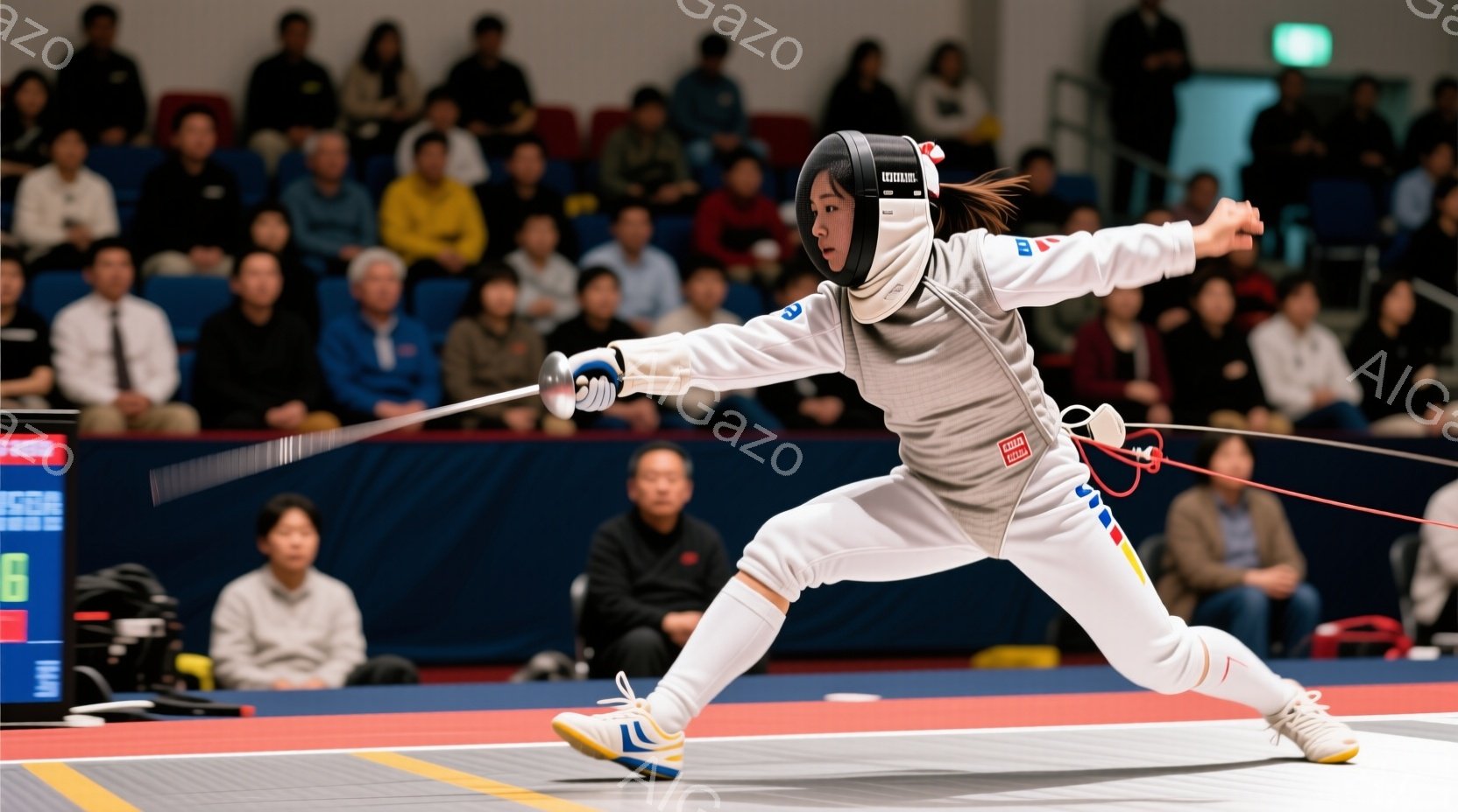 フェンシングの試合中の女性競技者が写っている。彼女はフェンシングスーツとヘルメットを着用し、フォイルを構え、前進するような姿勢をとっている。背景には観客席が見え、競技場の床は赤と青のストライプで、競技 - AI生成フリー素材
