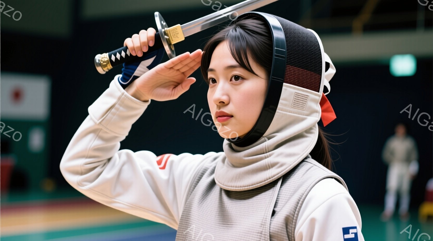 白いフェンシングウェアに身を包んだ若い女性が、片手に竹刀（または模擬刀）を持ち、構えを取っています。彼女は黒い髪を後ろで束ね、真剣な表情で目標を見据えています。背景にはぼやけたフェンシングコートと、日 - AI生成フリー素材