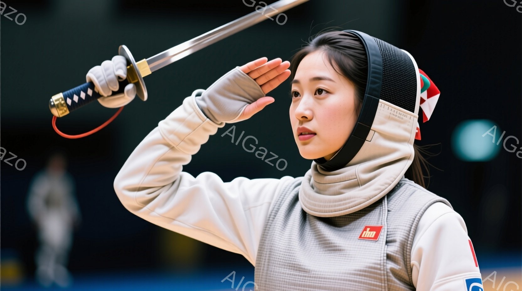 フェンシングの試合中の女性選手を捉えています。彼女は白いフェンシングスーツとヘッドギアを着用し、右手にフェンシングの剣を持っています。選手の表情は集中しており、構えから競技への真剣さが伝わってきます。 - AI生成フリー素材