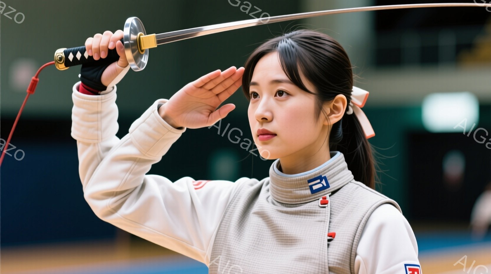 フェンシングのユニフォームを着た若い女性が写っている。彼女は髪をポニーテールにし、決意に満ちた表情で片手を上げて、フェンシングの剣を構えている。背景は、体育館のような室内で、ぼやけた壁と天井が見える。 - AI生成フリー素材