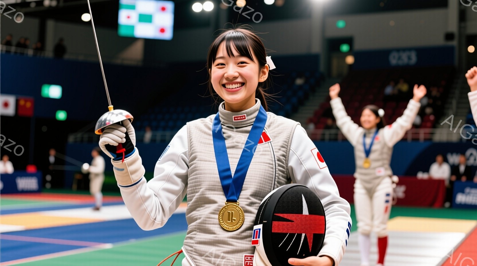 フェンシングの競技場で金メダルを首にかけて笑顔の女性アスリートが写っています。彼女は白いフェンシングスーツに青い胸当てをつけ、髪をポニーテールにしており、片手にマスクを持ち、もう一方の手で剣を高く掲げています。背景には他のフェンサーが腕を上げて喜び、競技場の観客席が見えます。