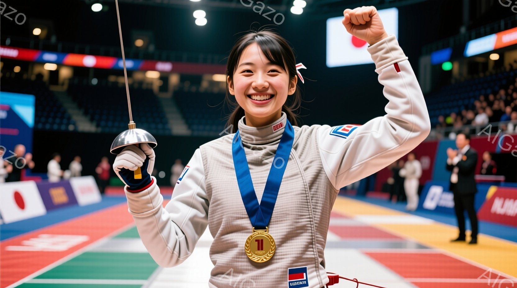フェンシングのユニフォームを着た若い女性アスリートが写っています。彼女は金色のメダルを首にかけて、片手を高く上げ、満面の笑みを浮かべています。背景には観客席とフェンシングコートが見え、競技会場の熱気と - AI生成フリー素材