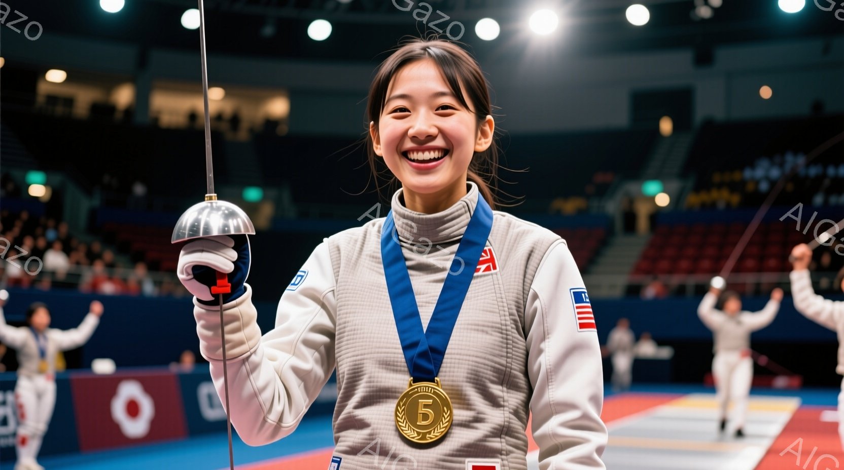 フェンシングの競技者である若い女性が写っており、彼女は金色のメダルを首にかけて満面の笑みを浮かべている。白いフェンシングスーツに青いラインが入っており、髪は後ろでポニーテールにまとめられている。背景に - AI生成フリー素材