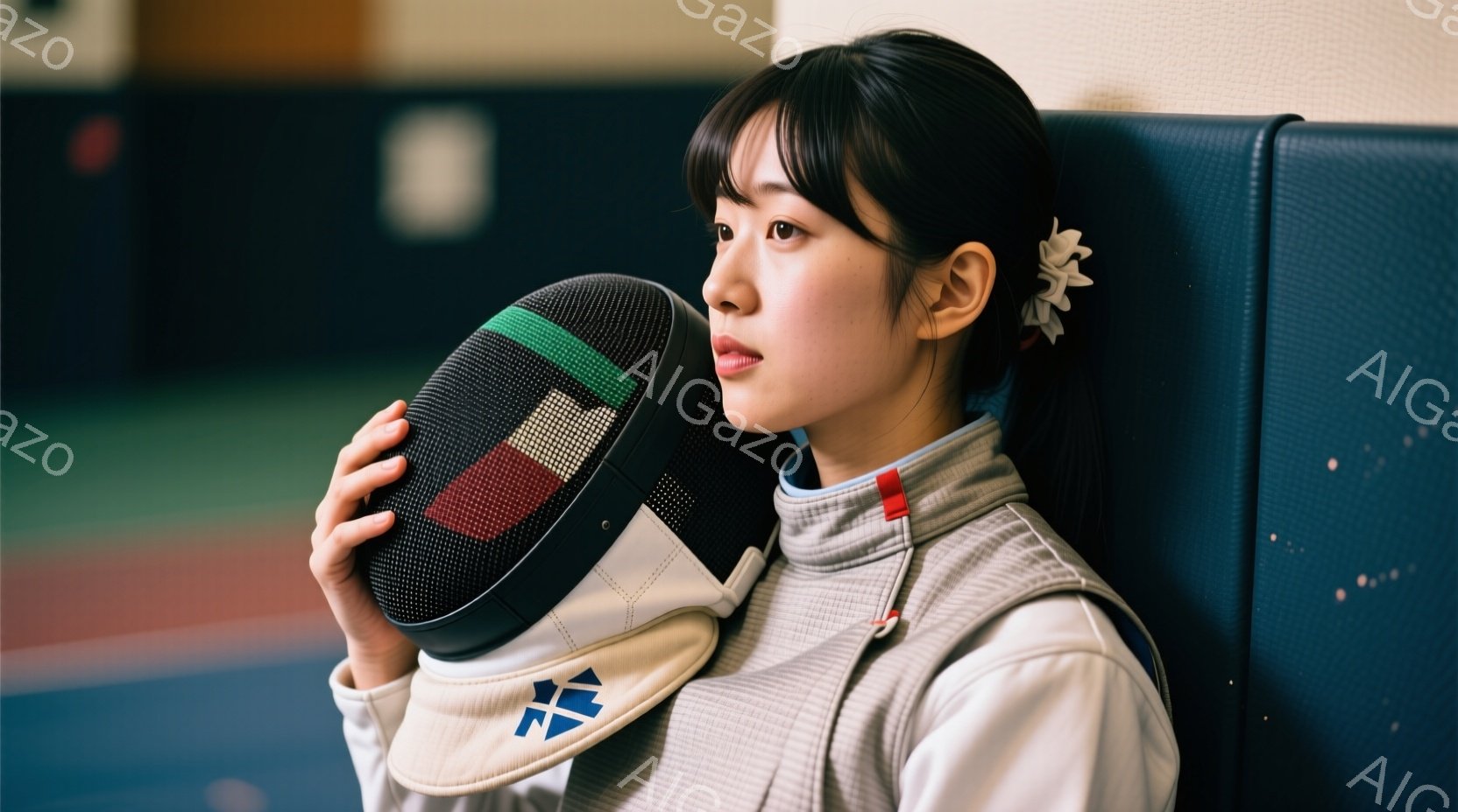 フェンシングのユニフォームを着た若い女性が、ヘルメットを手に持っている様子を捉えています。彼女は黒髪をポニーテールにし、わずかに微笑んでいます。背景には、フェンシングコートの壁と床が見え、競技会場の静けさが感じられます。
