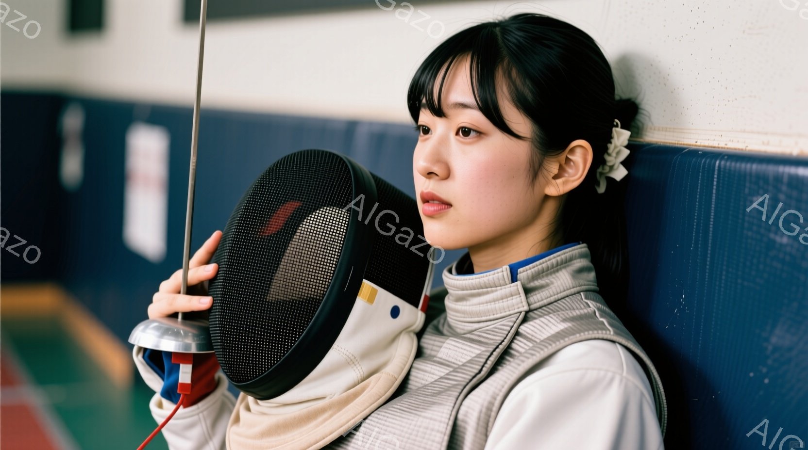 フェンシングのマスクとユニフォームを身に着けた若い女性が描かれている。彼女は青い背景のベンチに座り、やや横を向いており、リラックスした表情をしている。フェンシングの剣を手に持ち、競技後の休憩時間や試合 - AI生成フリー素材