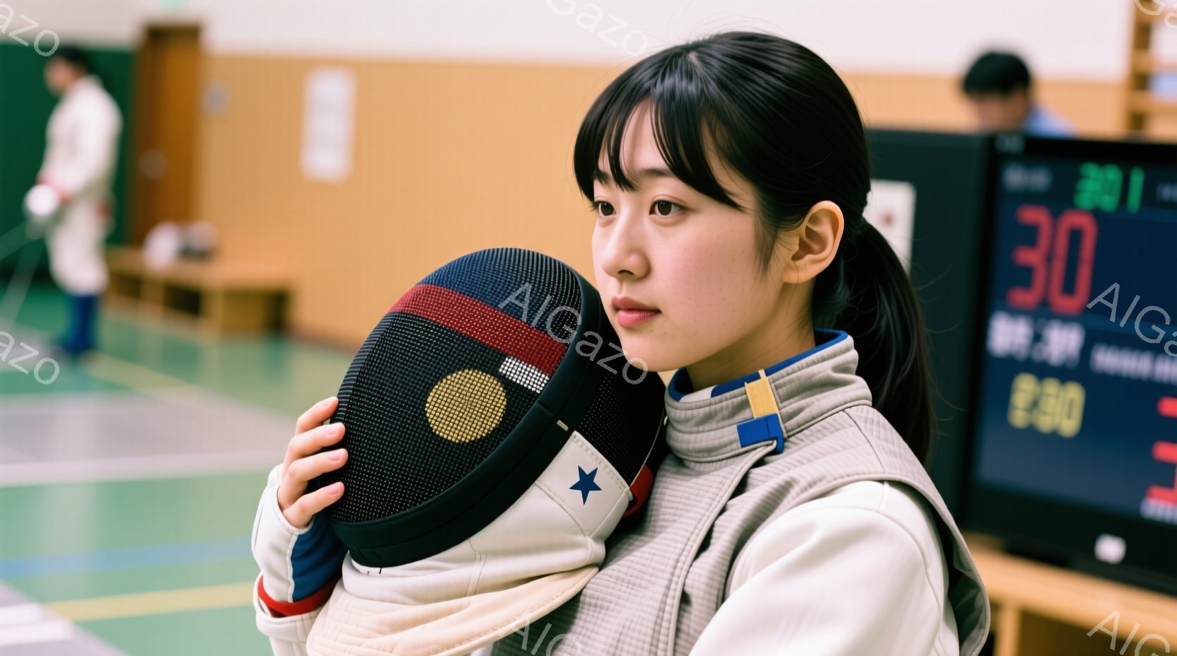 フェンシングの選手と思われる若い女性が、防具のマスクを抱え、こちらを見ている。彼女は髪をポニーテールにし、白いジャケットとフェンシングのユニフォームを着ており、やや真剣な表情をしている。背景には、フェ - AI生成フリー素材