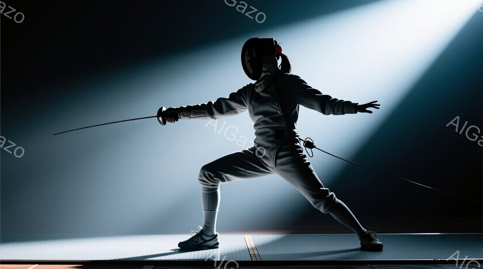 フェンシングの選手が競技に臨む姿が捉えられています。白いフェンシングスーツとヘルメットを着用し、片手に剣を持ち、構えをとっています。背景は暗く、スポットライトが選手を照らし出し、緊張感と集中力を高める雰囲気を醸し出しています。