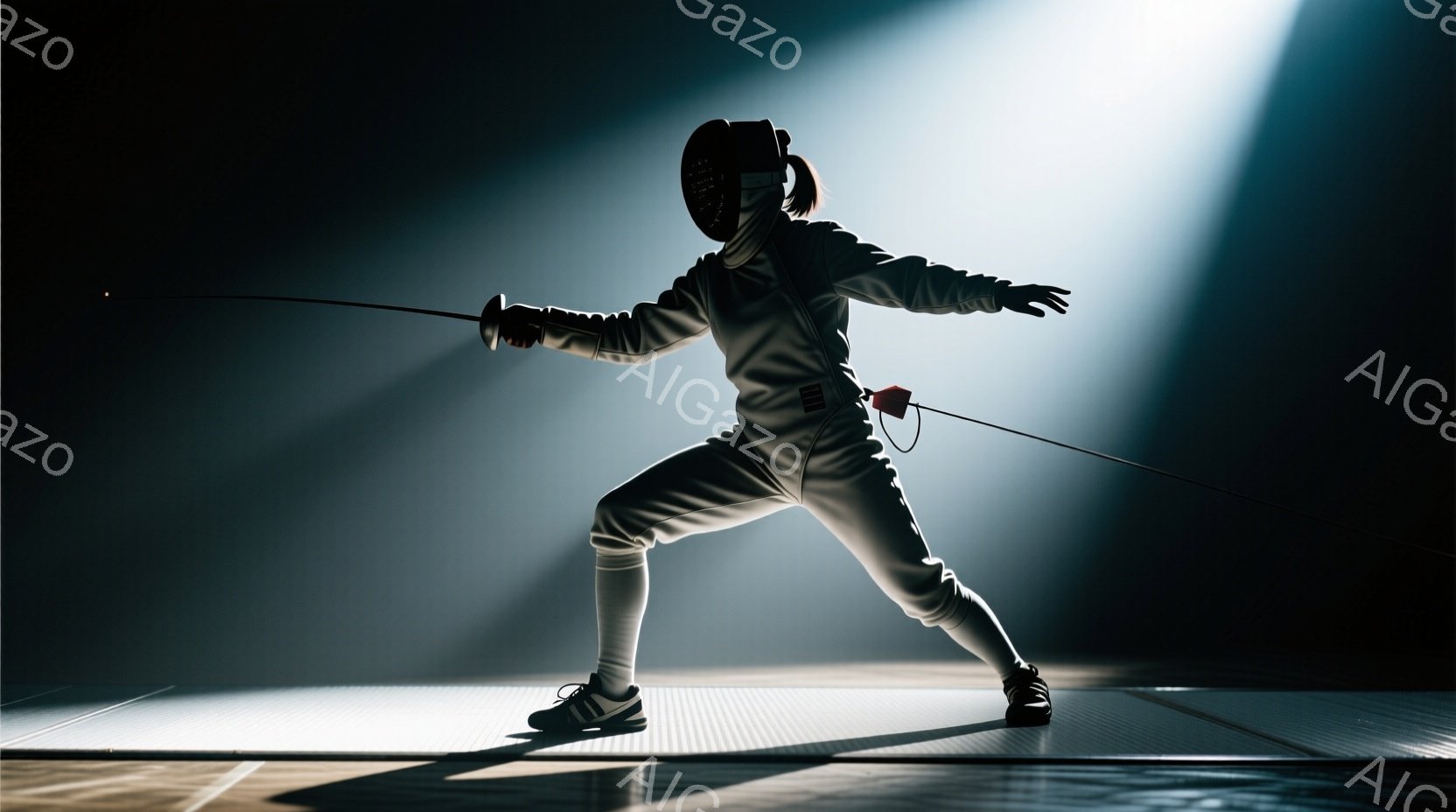 フェンシングの選手が、競技用の白いユニフォームとマスクを着用し、剣を構えている。選手は片足を前に出し、膝を曲げ、重心を低く保ち、攻撃態勢に入っている。背景は暗く、スポットライトが選手を照らし出し、緊張感と集中力を強調した、ドラマチックな雰囲気を醸し出している。
