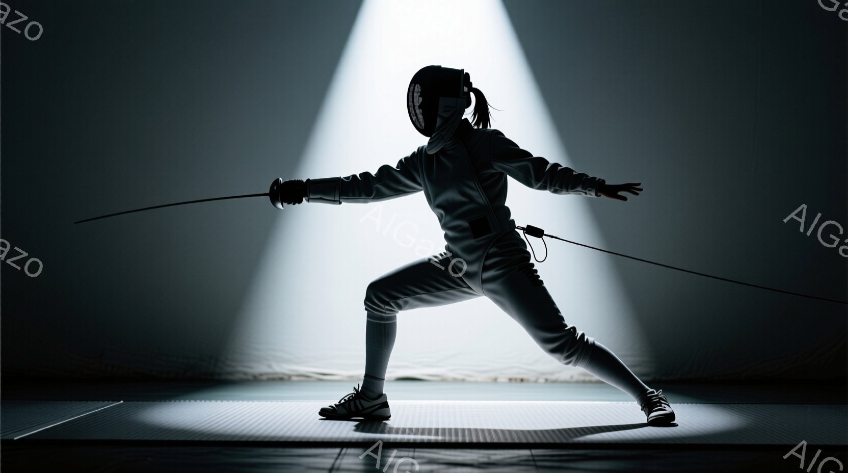 フェンシング選手がスポットライトを浴びて立っている姿が捉えられている。白いフェンシングスーツとヘルメットを着用し、片手に剣を持ち、もう片方の腕は後ろに引いて構え、左足を前に出して攻撃態勢に入っている。背景は白く光っており、床は暗いグレーで、集中と緊張感が漂う雰囲気である。