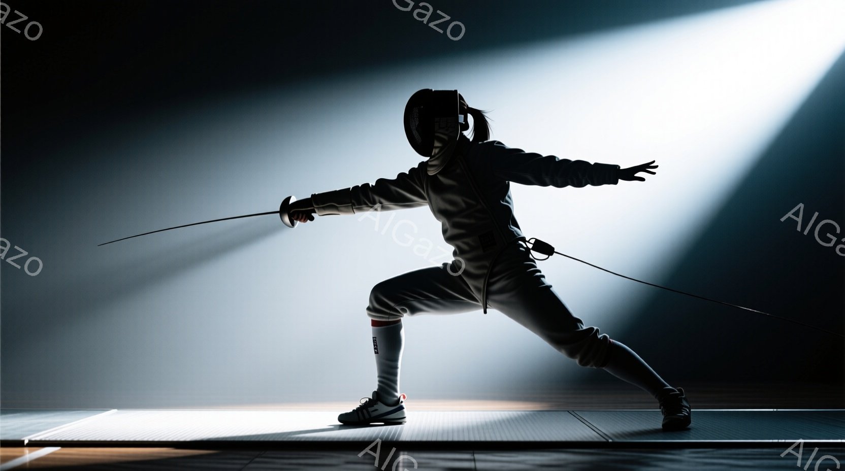 フェンサーが競技場で構えを取っている姿が捉えられています。白いフェンシングスーツにマスク、プロテクターを身に着け、右手にエペを構え、左腕を広げた構えは緊張感と集中力を感じさせます。背景は白く光が当てられた競技場で、床にはフェンシング用のマットが敷かれ、影が強調されています。