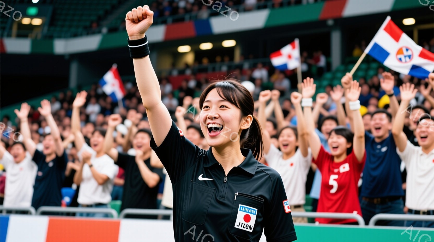 審判員と思われる女性が、満員の観客席の前で腕を高く上げて歓喜している様子が写っている。彼女は黒い制服を着ており、髪はポニーテールにまとめられている。背景には、日本の国旗や応援旗を持つ観客が写り、スタジアム全体が熱狂的な雰囲気に包まれている。