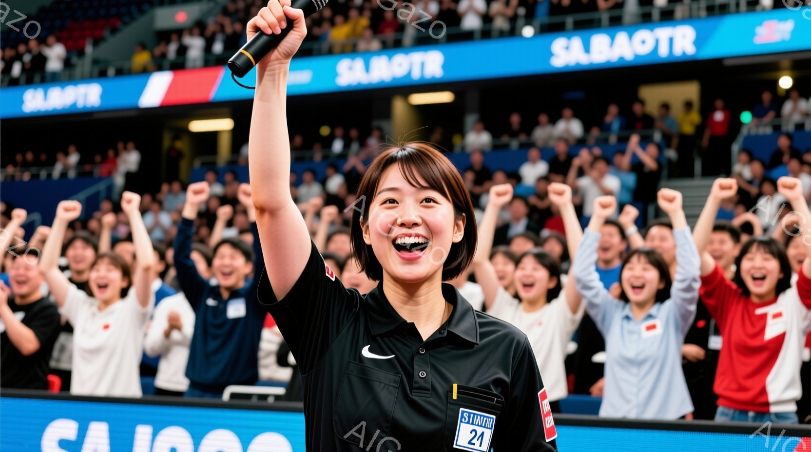 観客席で両手を高く上げた女性レフェリーを中心に捉えています。彼女は黒いシャツに白いズボンを着用し、髪は後ろで一つにまとめられています。背景には、日本国旗のマークが入った赤いシャツを着た観客が多数おり、興奮した表情で彼女を見守っています。