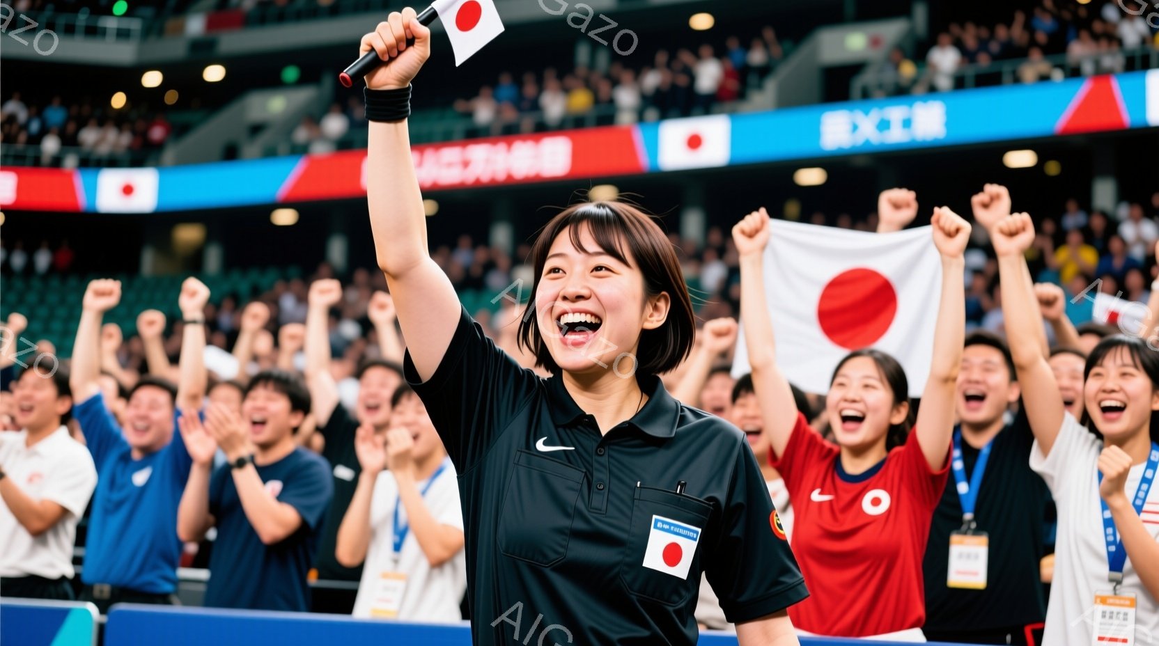 観客席で応援している女性を中心とした写真です。女性は黒いシャツに襟章をつけており、笑顔で片手を上げてマイクを持っています。背景には日本国旗を振る観客が密集しており、興奮と熱狂的な応援ムードが伝わってきます。