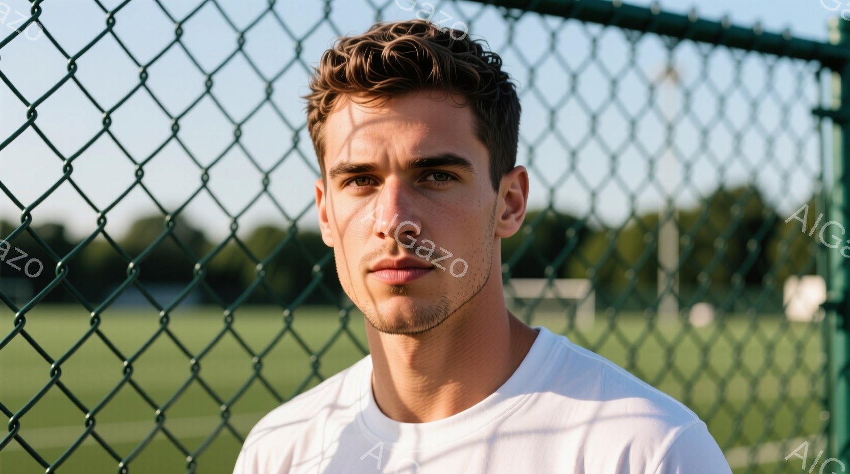白いTシャツを着た若い男性が、緑色のフェンスの前で正面を向いています。彼は短く刈り込まれた髪と口ひげを持ち、穏やかで落ち着いた表情をしています。背景には緑豊かな芝生とぼやけた木々が見え、晴れた日の穏やかな雰囲気が漂っています。