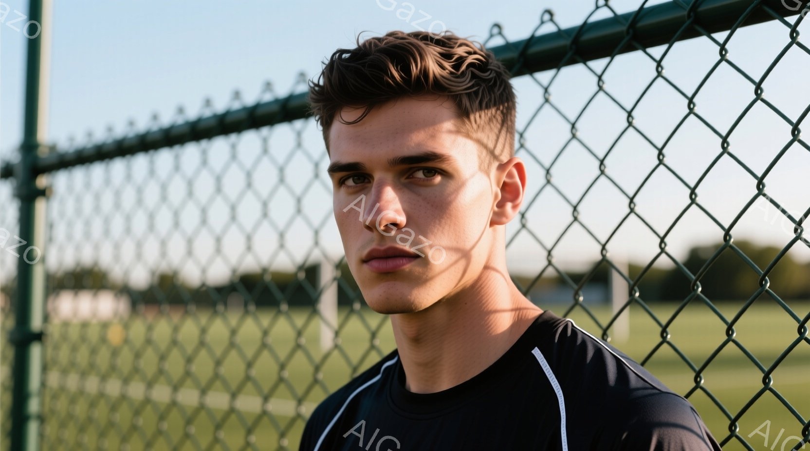 若い男性が、フェンスの前で正面を向いて立っている。彼は黒いスポーツウェアを着ており、短くウェーブのかかった髪をしている。表情はやや真剣で、背景には緑の芝生とぼやけた建物が見え、晴れた日の穏やかな雰囲気 - AI生成フリー素材