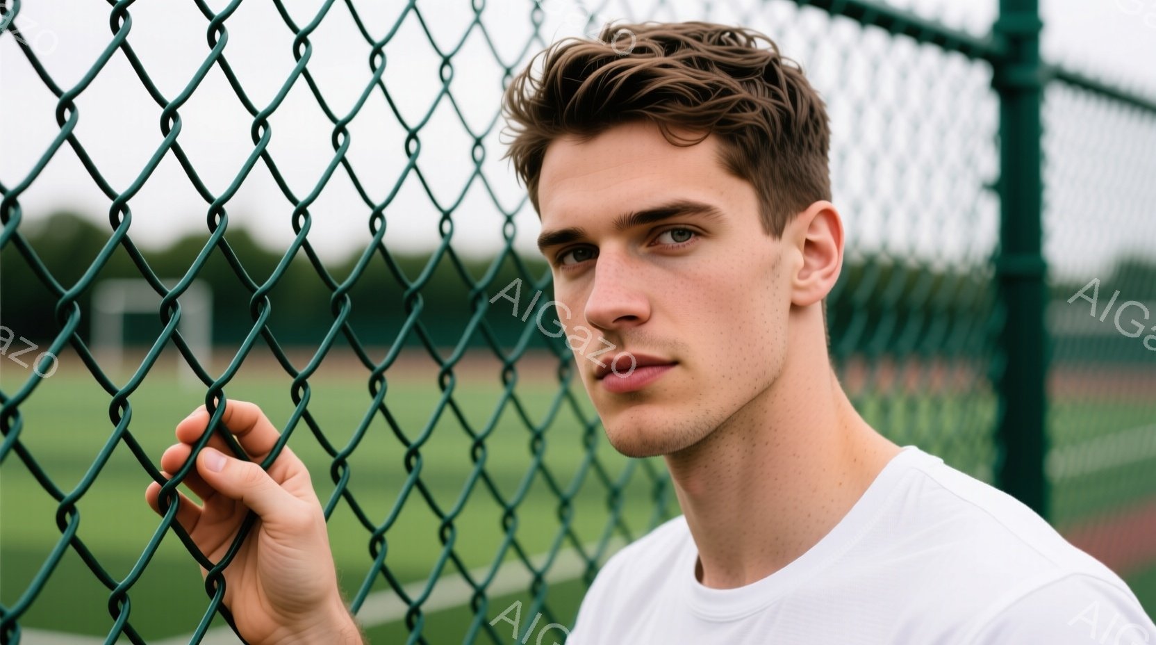 若い男性が白いTシャツを着て、フェンスにもたれかかって写っている。彼の髪は短く、少し無造作にセットされており、表情は穏やかだがどこか真剣だ。背景には緑色のフェンスと、ぼやけた緑地が見え、全体的に落ち着 - AI生成フリー素材