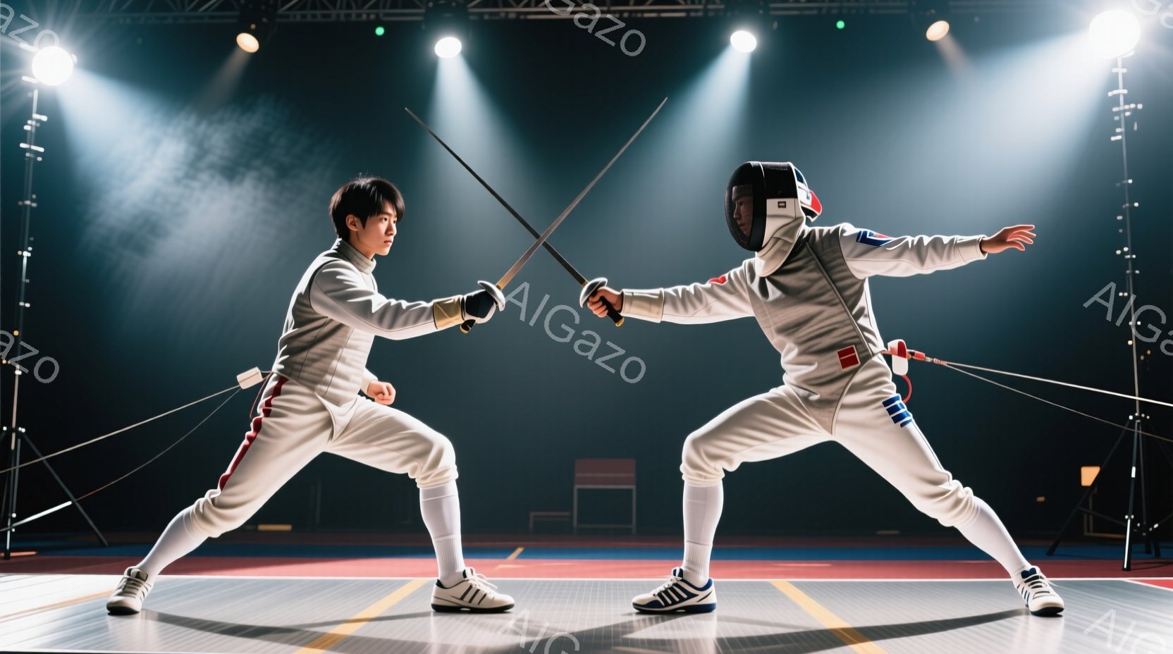 フェンシングの試合中の2人の選手が写っています。白のフェンシングスーツとマスクを着用し、片手に剣を持って互いに向かい合っています。背景は暗く、スポットライトが当たり、競技場の床にはフェンシングのライン - AI生成フリー素材