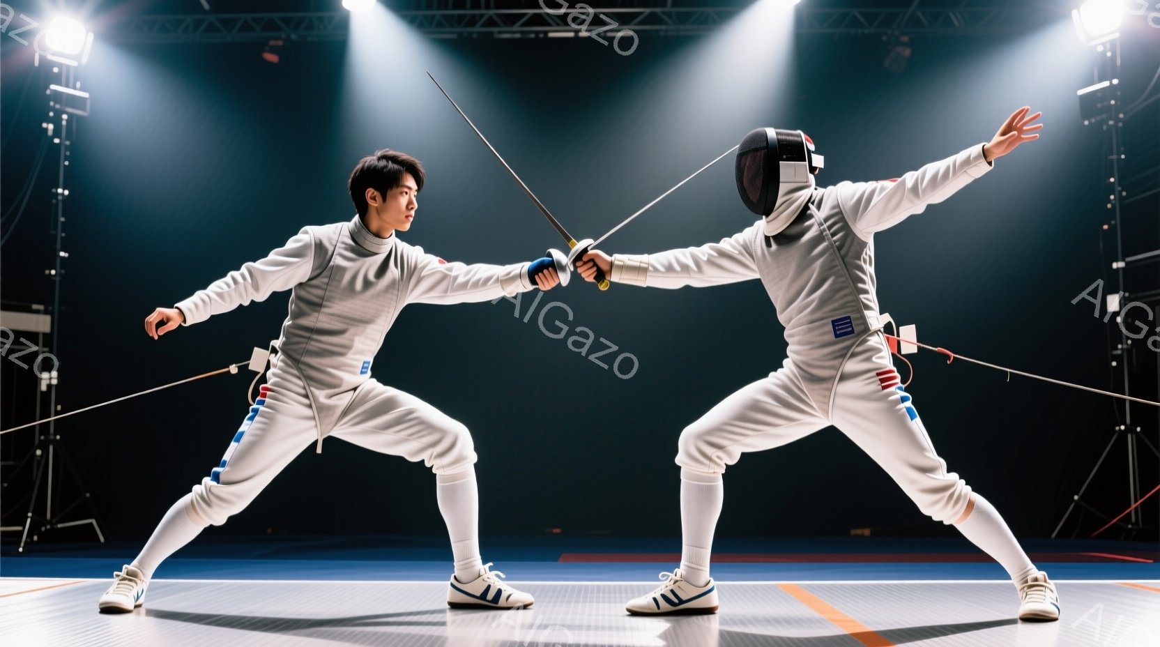 競技者はフェンシングの試合中に、お互いに剣を構え、攻撃態勢をとっています。白のフェンシングスーツとマスクを着用し、動きやすい服装で、集中した表情を隠しています。背景は暗く、競技場内の照明が競技者を照らし出し、緊迫感のある雰囲気を醸し出しています。