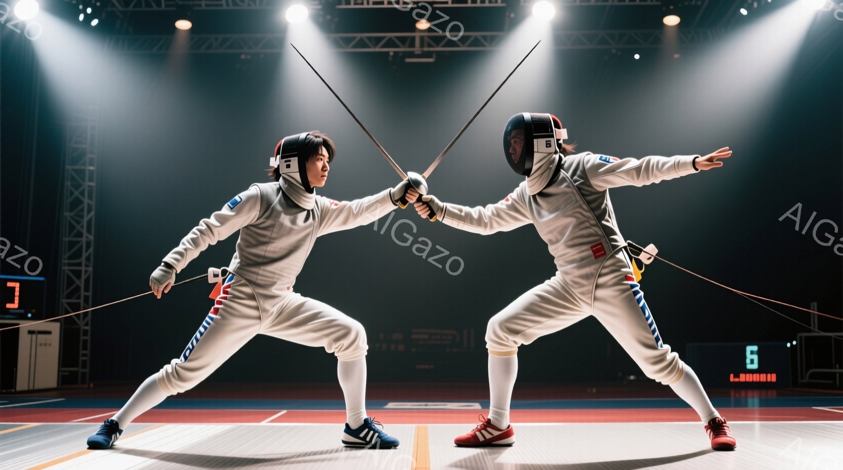 フェンシングの競技者が2人、競技場内で対峙している様子が写っている。白のフェンシングスーツに、青と赤のラインが入った装いで、ヘルメットを着用し、剣を構えている。背景は暗く、床は明るい赤色で、スコアボー - AI生成フリー素材