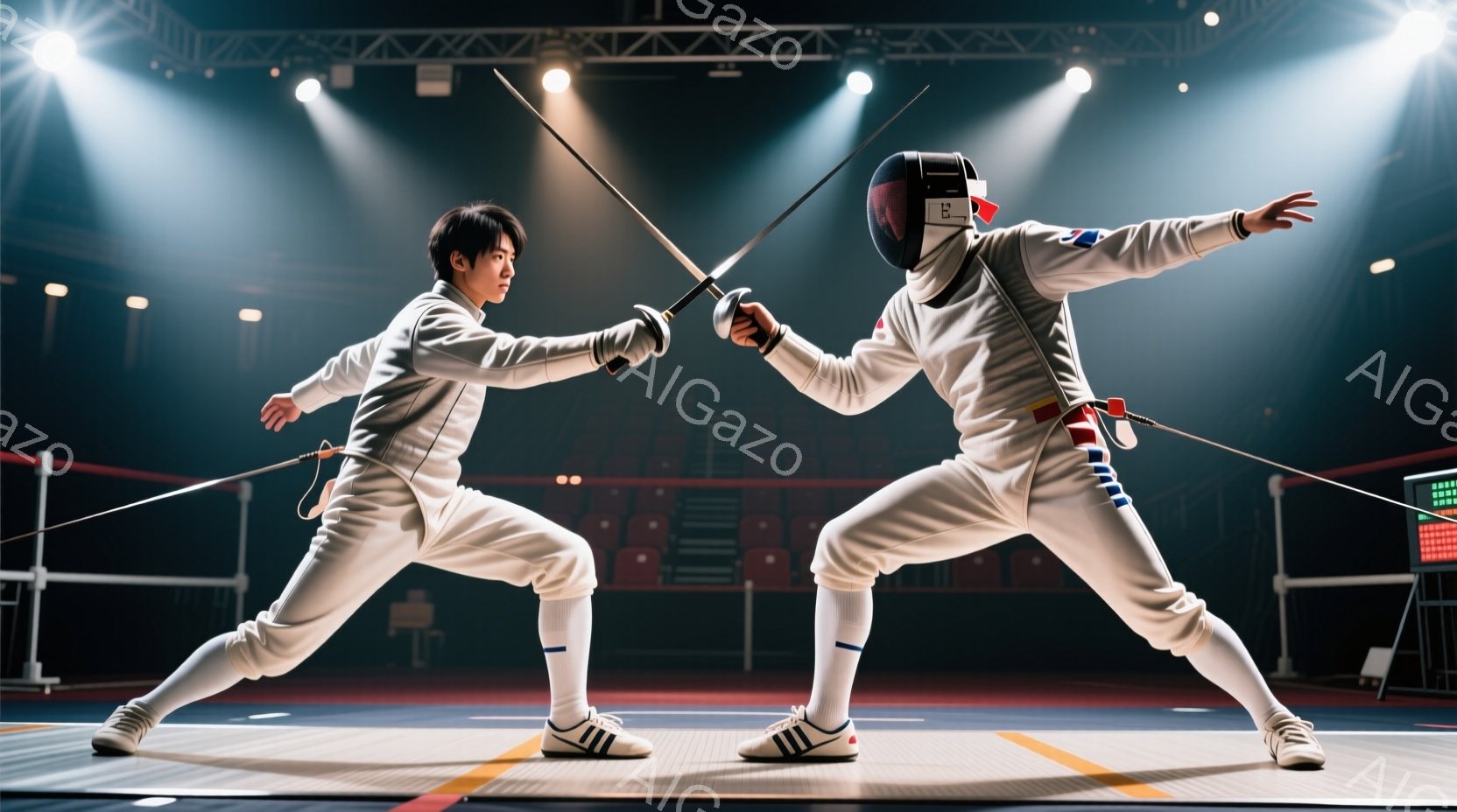 2人のフェンサーが、競技場で対峙している様子が写っている。白のフェンシングスーツ、マスク、スニーカーを着用し、剣を構えている。背景には観客席が見え、競技場の照明が彼らを照らし、緊張感のある雰囲気を醸し - AI生成フリー素材