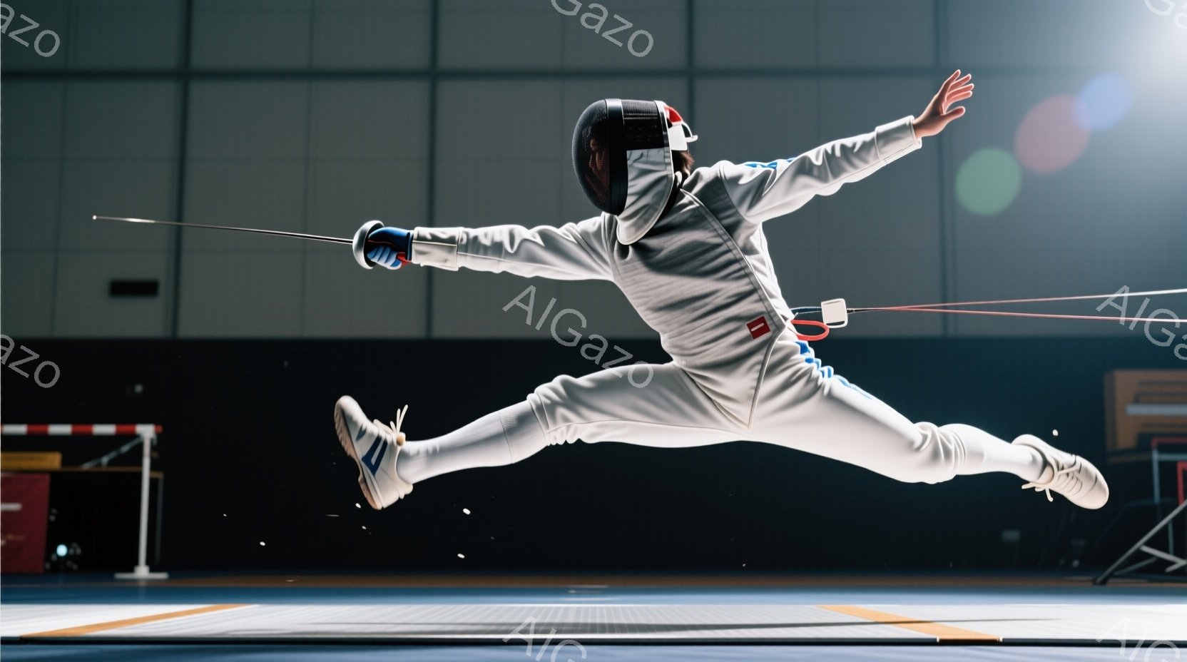 白いフェンシングスーツとヘルメットを身に着けた競技者が、競技場で空中でジャンプしている様子が捉えられています。片手に剣を持ち、両腕を大きく広げたダイナミックなポーズで、競技への集中と躍動感が伝わってき - AI生成フリー素材