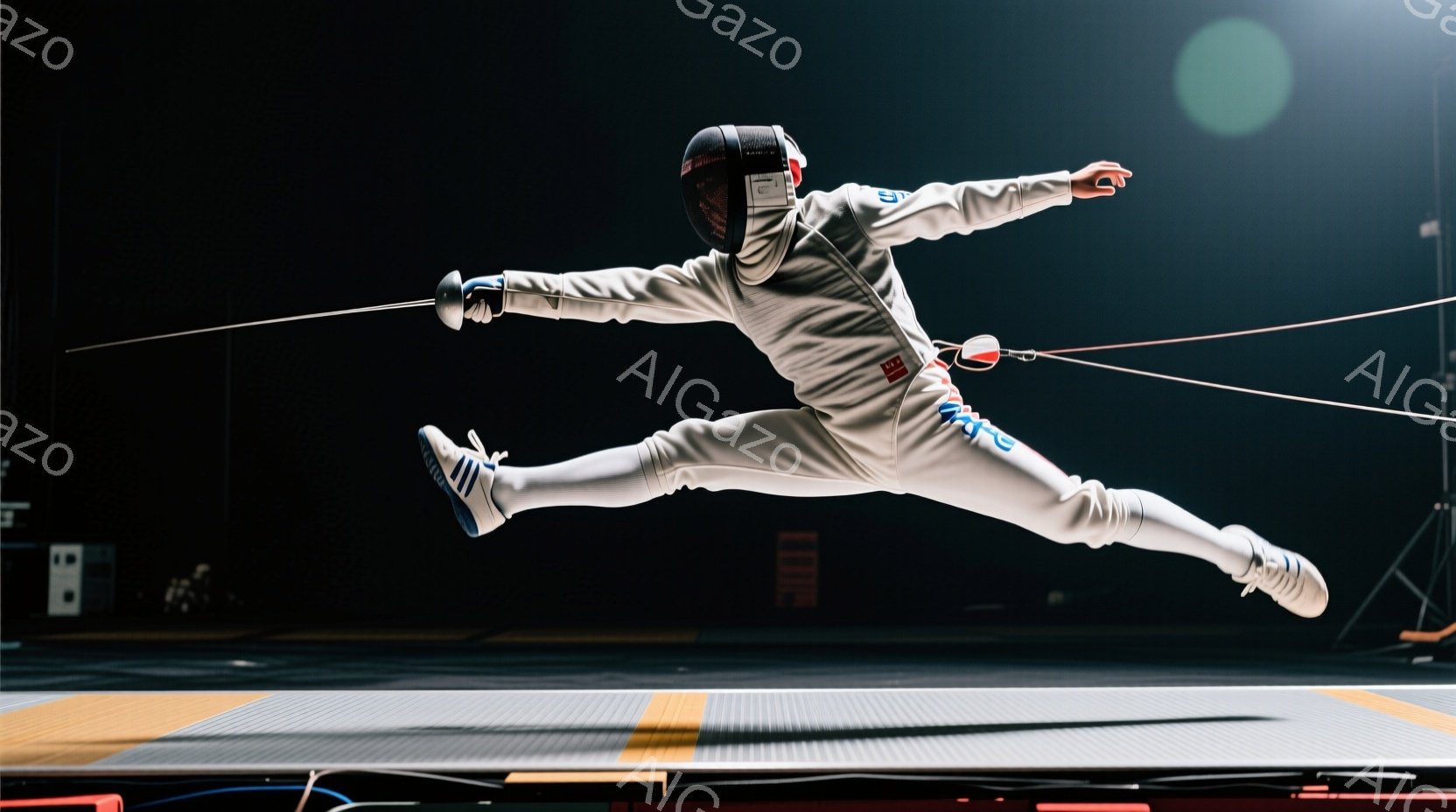 白いフェンシングスーツに身を包んだ選手が、空中での大胆なジャンプを捉えられています。ヘルメットとマスクで顔は隠れていますが、ダイナミックな姿勢から競技への集中と強い意志が伝わってきます。背景は暗く、競 - AI生成フリー素材