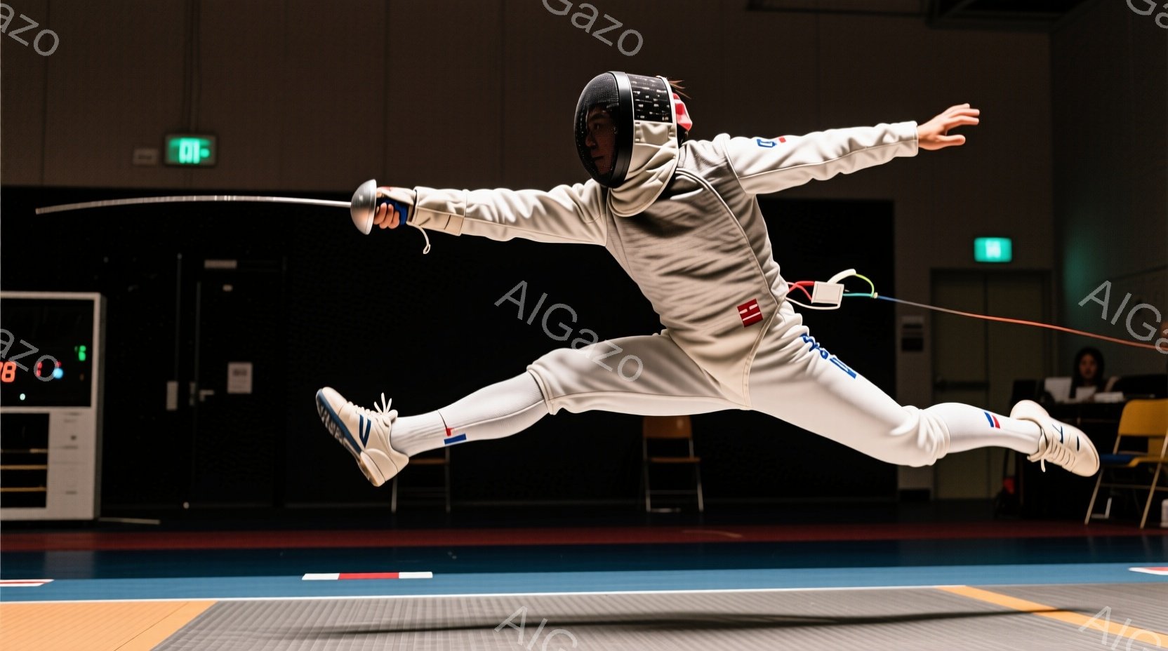 白いフェンシングスーツに身を包んだ選手が、空中で脚を大きく開いてジャンプしている様子が捉えられています。ヘルメットで顔が隠れて表情は読み取れませんが、競技への集中と躍動感を感じさせます。背景は体育館の - AI生成フリー素材