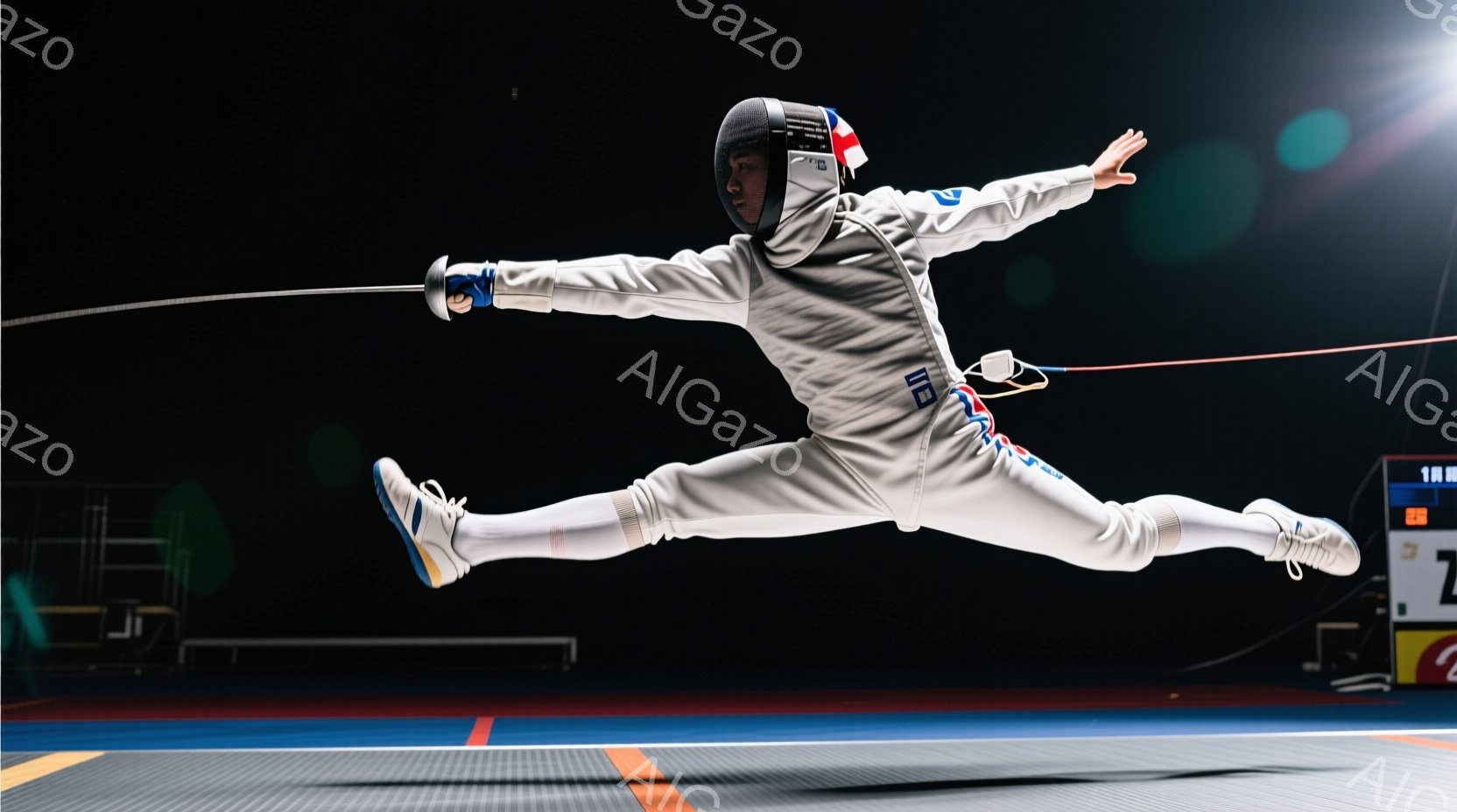 フェンシングの選手が空中でのジャンプの瞬間を捉えた写真です。白いフェンシングスーツとヘルメットを着用し、片手に剣を構えています。背景はフェンシングコートで、赤いスコアボードと黒い背景が、躍動感のあるシーンを引き立てています。