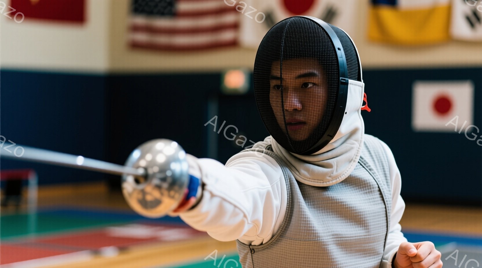 白いフェンシングスーツとヘルメットを着用した若い男性が、フェンシングの剣を前に突き出しています。彼の表情は真剣で集中しており、競技に臨む姿勢が窺えます。背景には、フェンシングコートと、いくつかの旗がぼんやりと見え、競技会場の雰囲気が伝わってきます。