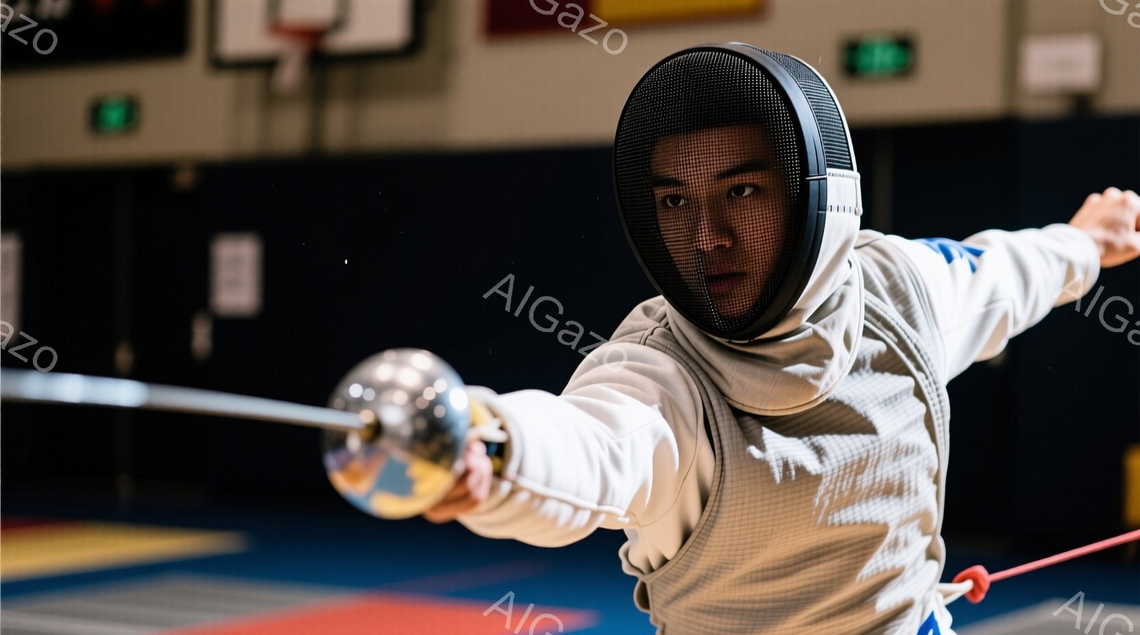 フェンシングの選手が試合中に攻撃の構えをとっている様子が写っている。白と青のフェンシングスーツを着用し、顔は保護マスクで覆われているが、鋭い眼光が窺える。背景は体育館の床と壁で、集中した雰囲気と競技の緊迫感が伝わってくる。