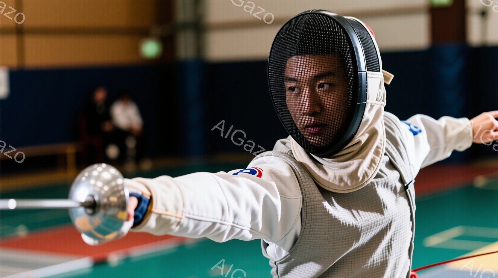 フェンシングの選手が競技に集中した様子が写っている。白のフェンシングスーツにヘルメットを着用し、片手にフェンシングの剣を構え、相手に備えている。背景にはフェンシングコートが見え、競技場の雰囲気が伝わる。