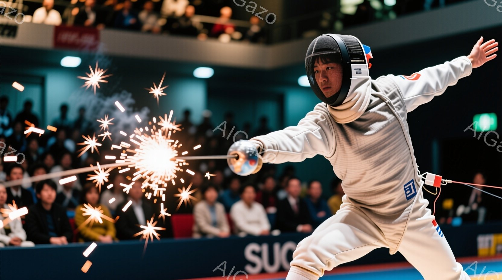 フェンシングの試合中の女性選手が写っている。白と青のユニフォームを着用し、ヘルメットとプロテクターを装備、顔は真剣な表情で、右手にフェンシングの剣を構え、左腕は前に伸ばした構えをとっている。背景には観 - AI生成フリー素材