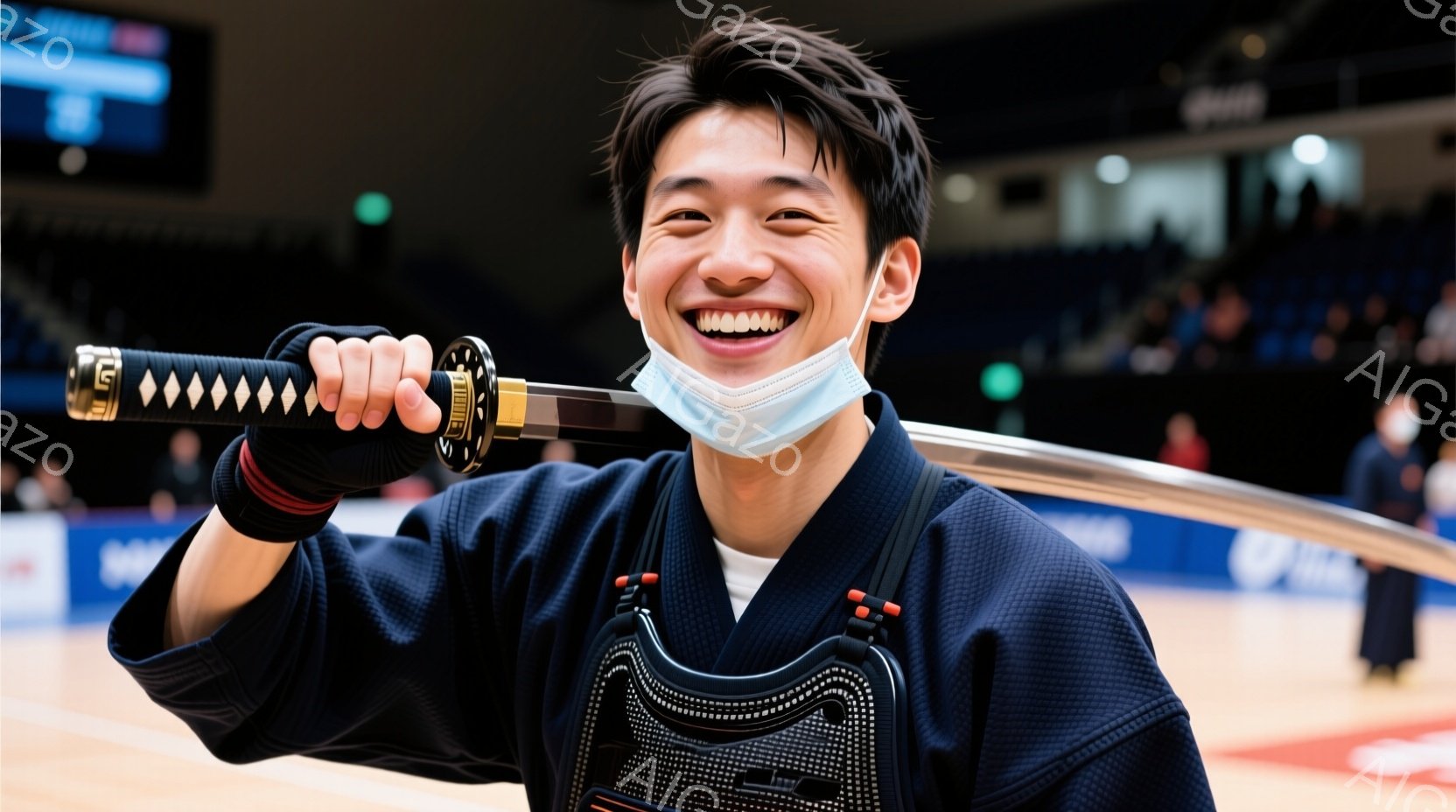 若い男性が剣道着を着用し、竹刀を構えて満面の笑みを浮かべている。彼はマスクをしており、黒い髪を短く整えている。背景は体育館のようで、他の剣道家や観客が見え、競技場の雰囲気が伝わってくる。 - AI生成フリー素材