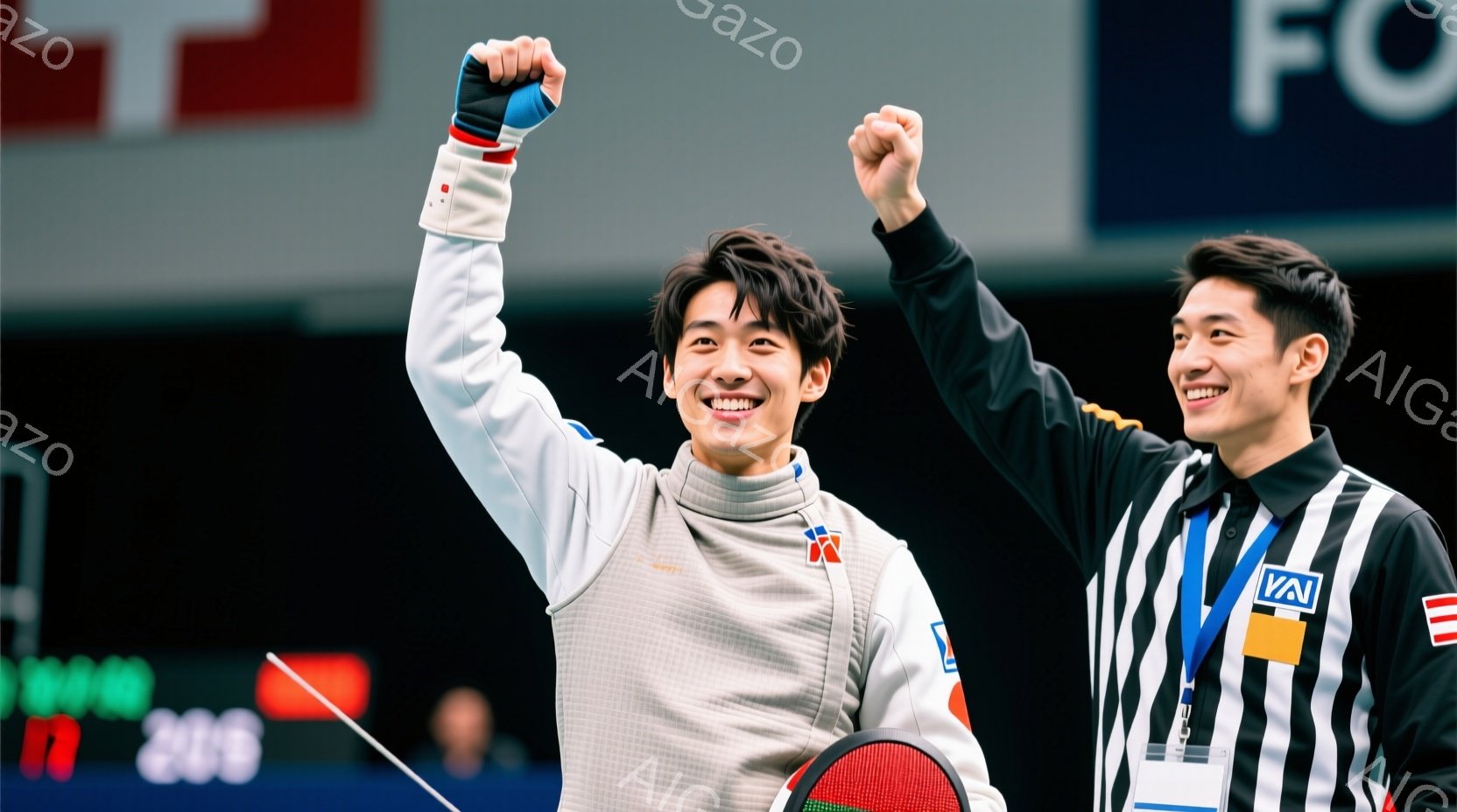 フェンシングの競技者が喜びのポーズをとっています。片方は白いフェンシングスーツに青いアクセント、もう片方は白黒のストライプの審判服を着ており、両者とも満面の笑みを浮かべています。背景にはぼやけた観客席と、競技のスコアを表示するデジタルボードが見え、勝利の瞬間を捉えた活気のある雰囲気です。