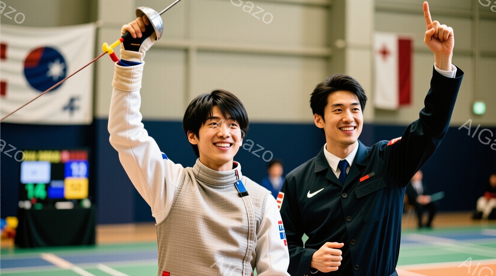 フェンシングの競技者が写っています。片方の選手は白いフェンシングスーツとマスクを着用し、剣を高く掲げて勝利を祝っているようです。もう一人の選手は黒いジャケットとシャツを着ており、同じように指を立てて笑顔を見せています。