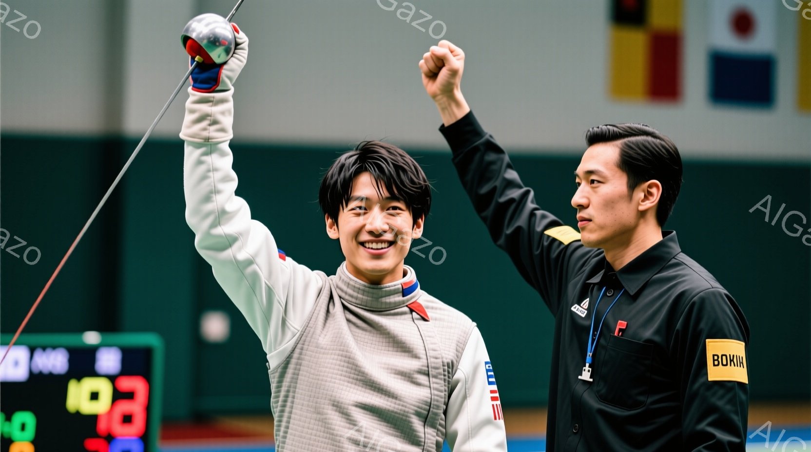 フェンシング競技の試合後、勝利した選手が片手を高く上げ、満面の笑みを浮かべています。彼は白いフェンシングユニフォームとマスクを着用し、黒髪を短く整えています。背景にはスコアボードや観客席が見え、勝利の喜びと興奮に満ちた雰囲気が伝わってきます。