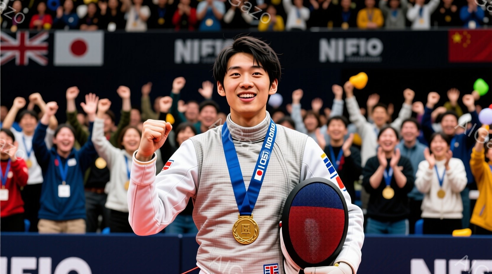 バドミントン選手が金メダルを首にかけて満面の笑みを浮かべている姿を捉えている。彼は白い長袖シャツと赤いショーツ姿で、髪は短く整えられている。背景には観客席が写り、多くの人々が手を振って祝福している様子が伺える。