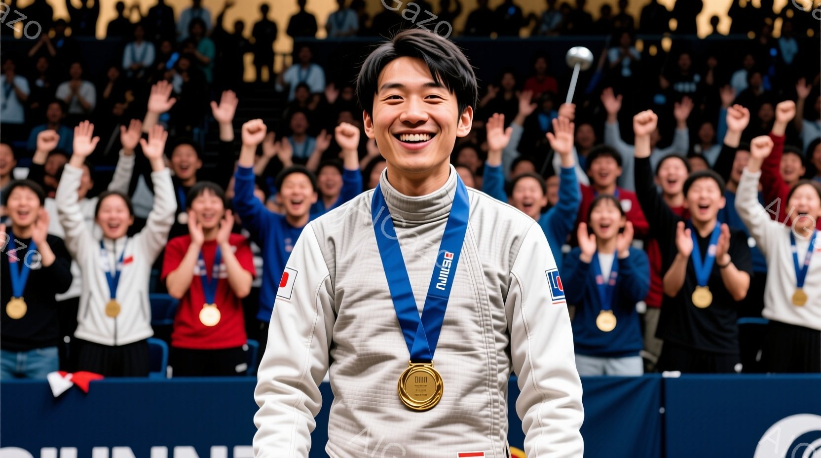 競技場で金メダルを首から下げた若い男性が正面を向いて立っている。白の柔道着を着用し、短髪で笑顔を見せている。背景には、手を振って祝福する観客の群衆と、競技場の内装が見える。