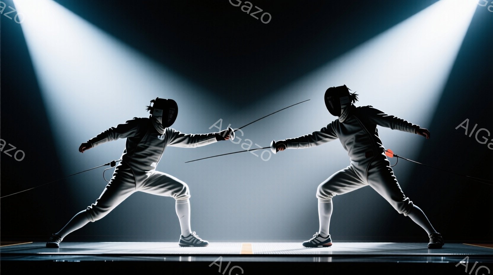 フェンシングの選手が二人、互いに剣を構えて対峙している様子が描かれている。白のフェンシングスーツを着用し、顔にはマスクを被っており、表情は見えない。背景は暗く、スポットライトが選手たちを照らし出し、緊張感のある雰囲気を醸し出している。
