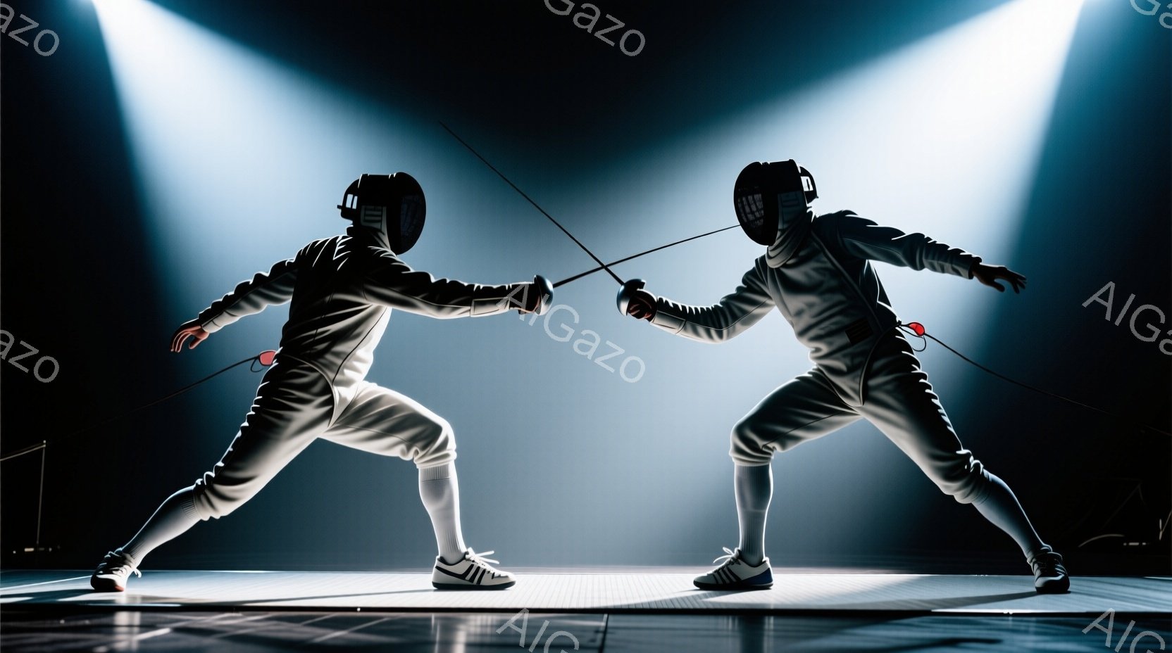 ２人のフェンサーが、競技場の中央で対峙している。白いフェンシングスーツとマスクを着用し、片手に剣を持ち、互いを警戒しながら構えをとっている。背景は暗く、スポットライトが２人を照らし出し、競技場の床には幾何学的な模様が描かれている。