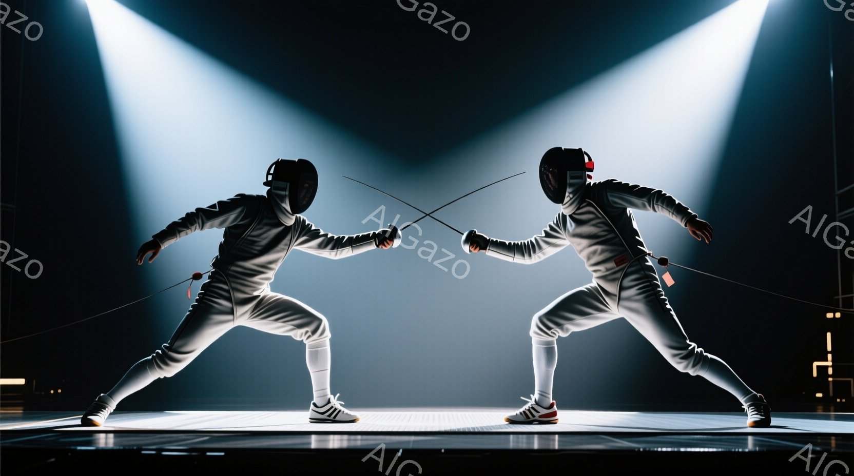 競技者は白いフェンシングスーツ、ヘルメット、手袋を着用し、足元はスニーカーを履いている。両者は対峙し、剣を構え、緊張感のあるポーズをとっている。背景は暗く、スポットライトが選手を照らし、競技場の床は光っている。
