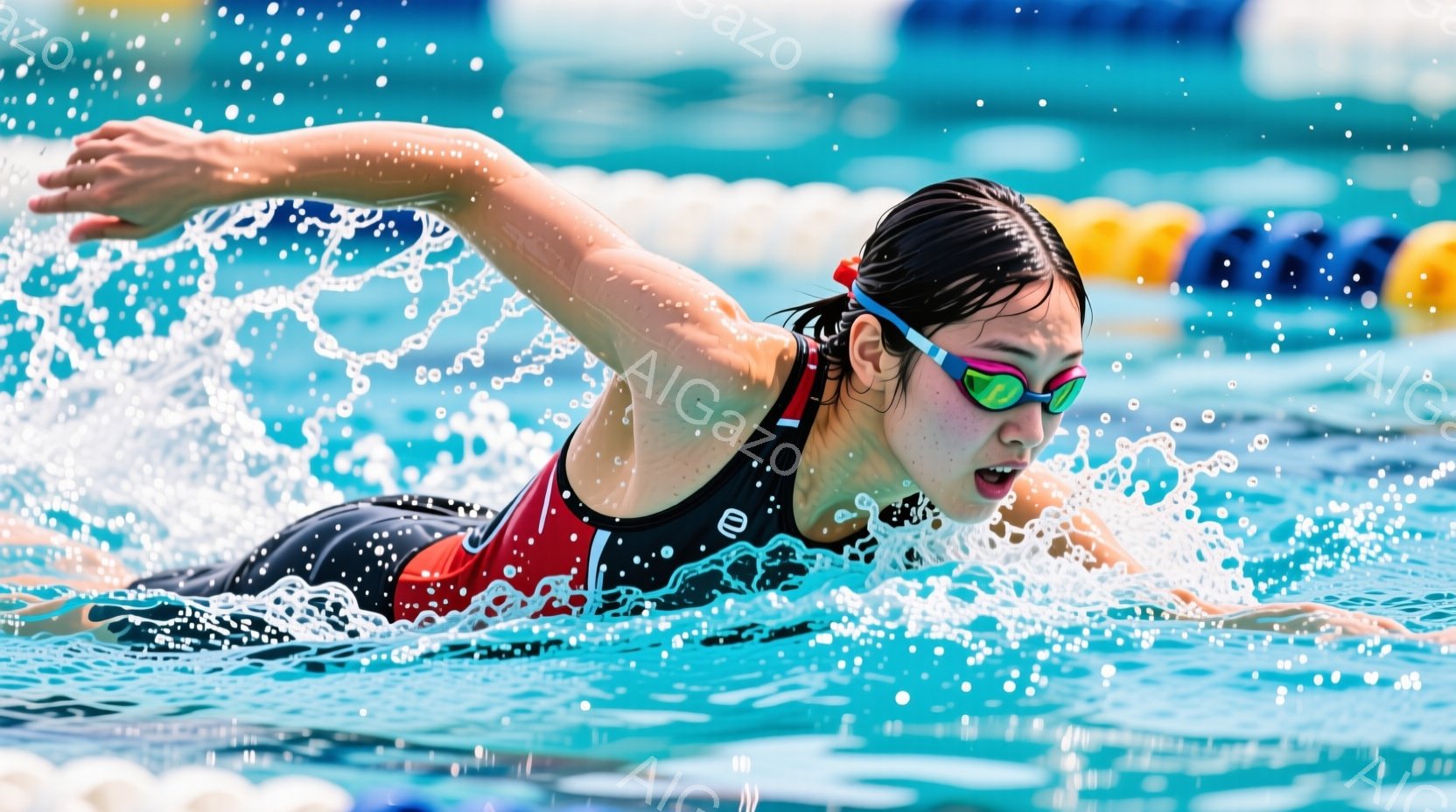 水泳競技中の女性スイマーが写っている。彼女は黒と赤のスイムスーツを着ており、髪は濡れて頭に張り付いている。顔にはゴーグルを装着し、集中した表情で力強くクロールで泳いでいる。