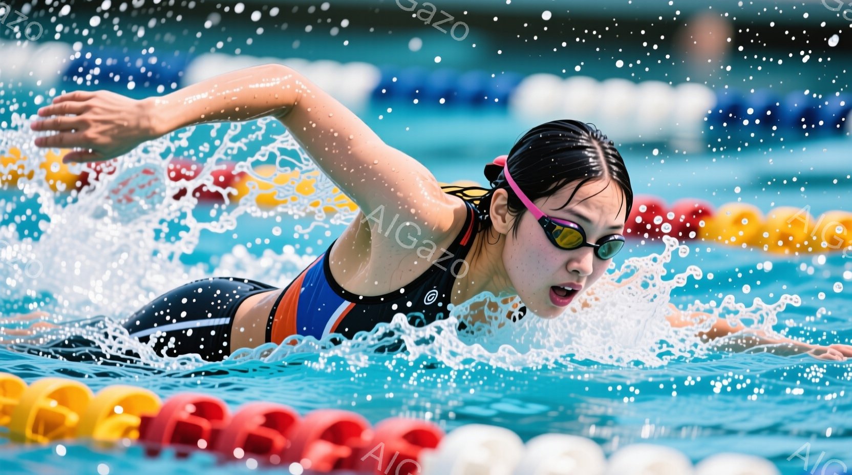 この女性はトライアスロンの競技中に自転車に乗っており、競技用のタイツスーツとヘルメットを着用しています。彼女は前かがみの姿勢でハンドルを握り、集中した表情でペダルを踏んでいます。背景には青い看板や他の - AI生成フリー素材