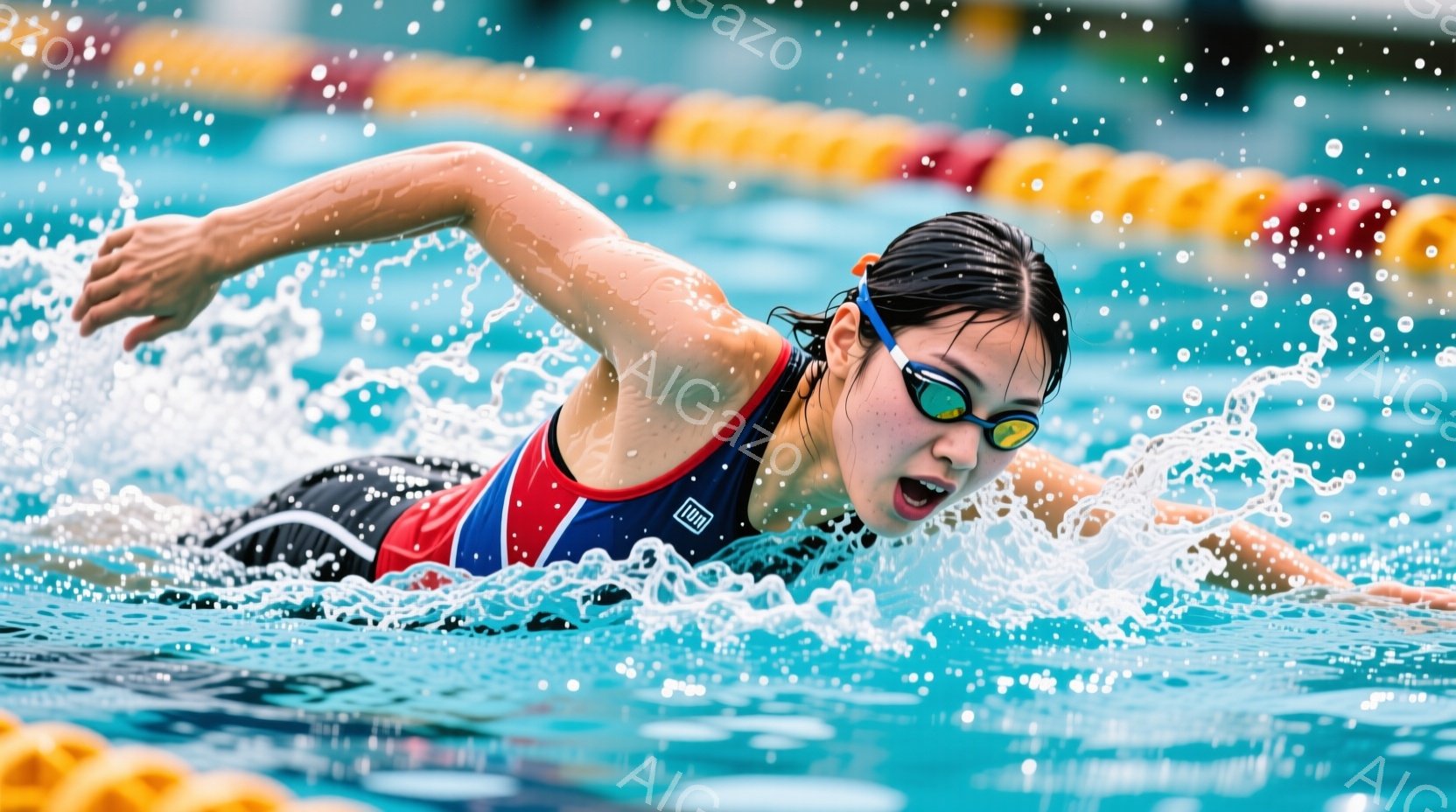 水泳選手が競泳プールでクロールで泳いでいる様子が捉えられています。彼女は、赤、白、青のストライプが入った水着を着用し、ゴーグルと黒い髪を後ろでまとめたヘアスタイルです。水面には水しぶきが飛び散り、彼女の表情は集中と努力の入り混じった様子を見せています。
