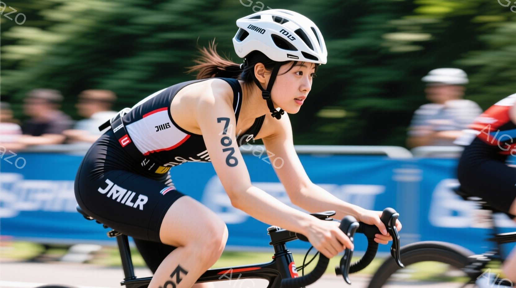 この女性は、黒と白のレーシングスーツと白いヘルメットを身に着け、ロードバイクに乗ってレースに参加している様子が写っている。彼女は集中した表情で前を見据え、力強いペダリングでスピードに乗っている。背景に - AI生成フリー素材