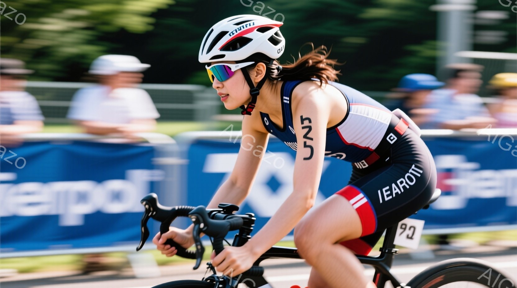 トライアスロンのレースで自転車に乗る女性アスリートを捉えています。彼女は黒と赤のトライスーツを着用し、白のヘルメットとサングラスをかけています。背景には、青いバナーと観客がぼやけて見え、夏の晴れた日のレースの活気ある雰囲気が伝わってきます。