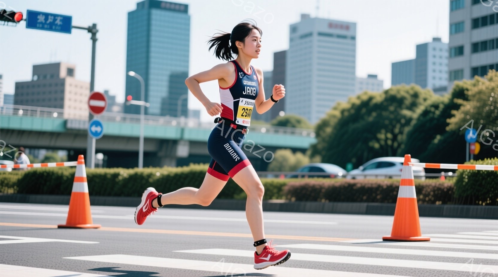 競技者が道路を走っている写真です。彼女は黒と青のトライアスロンウェアを着ており、髪はポニーテールに結ばれています。背景には高層ビルや木々が見え、晴天のもとで競技が行われている様子が伺えます。 - AI生成フリー素材