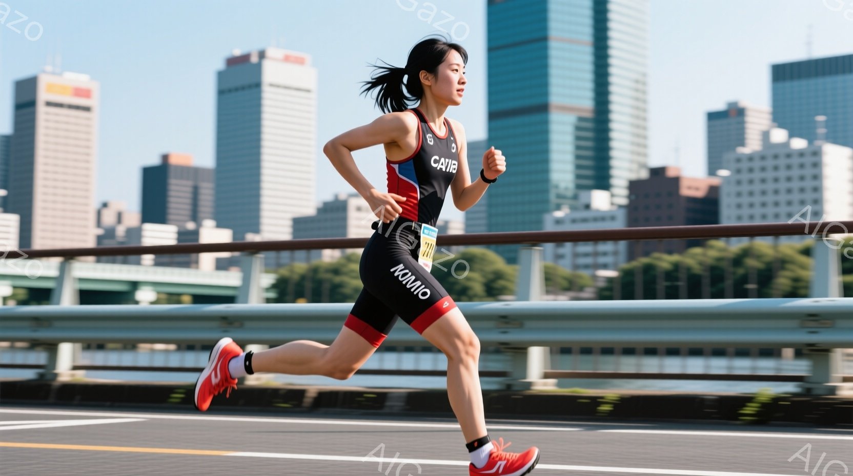 女性は競技用のトライスーツを着用し、街中の道路を走っている。彼女は髪をポニーテールにし、集中した表情で前を見据え、活発に腕を振り、力強く走っている。背景には高層ビル群と緑豊かな木々が見え、晴天の下で運 - AI生成フリー素材